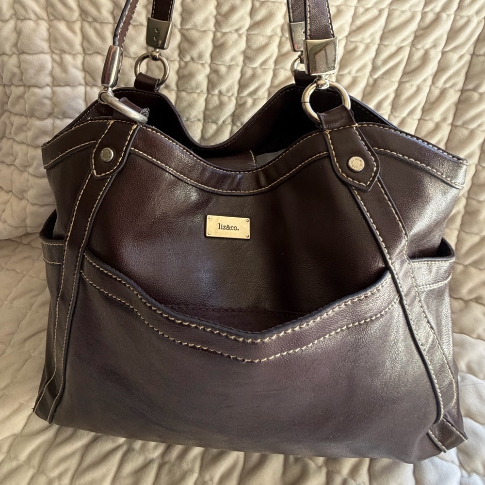 Vintage Liz Claiborne Dark Brown Vegan Leather Shoulder Tote